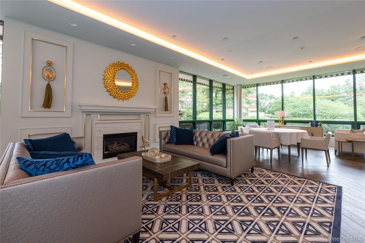 Dining room, Fireplace, Interior, Living room, Recessed Lighting, Wood Texture Flooring