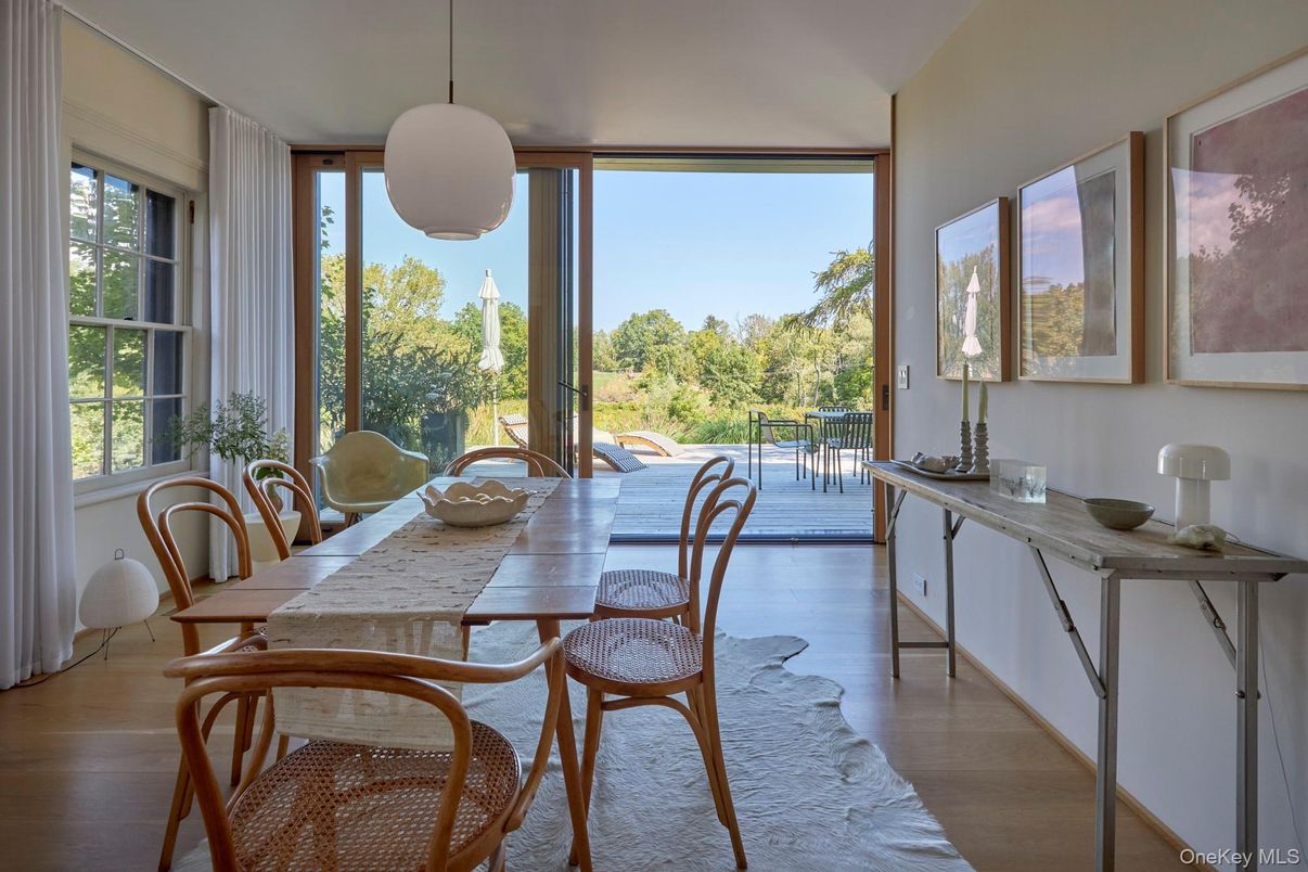 Dining room, Interior, Pendant Lights, Wood Texture Flooring