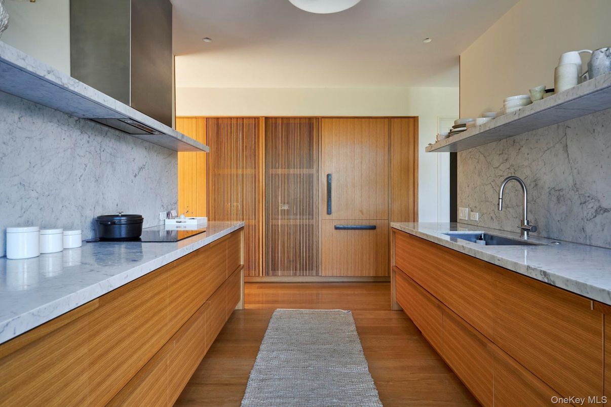 Interior, Kitchen, Marble Walls, Recessed Lighting, Wood Texture Flooring