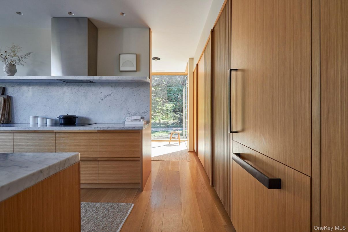 Interior, Kitchen, Marble Walls, Recessed Lighting, Wood Texture Flooring