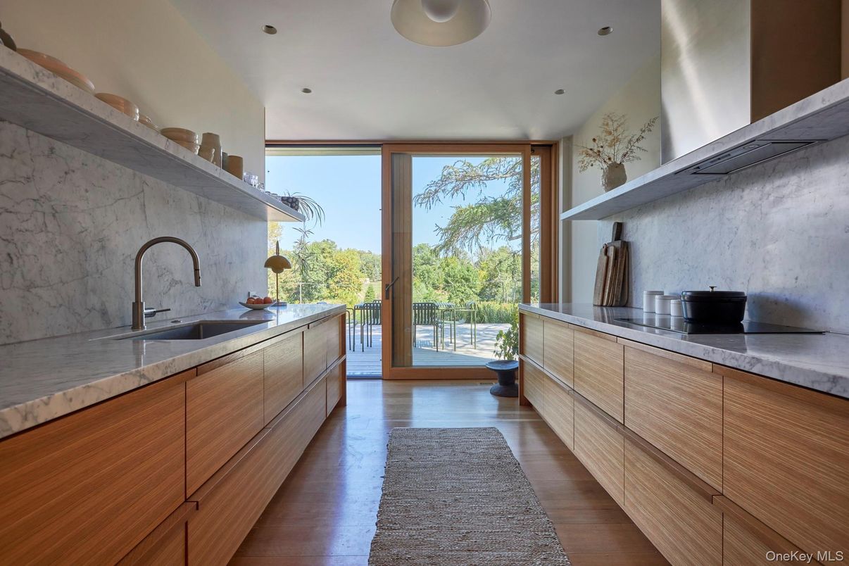 Interior, Kitchen, Marble Walls, Recessed Lighting, Wood Texture Flooring