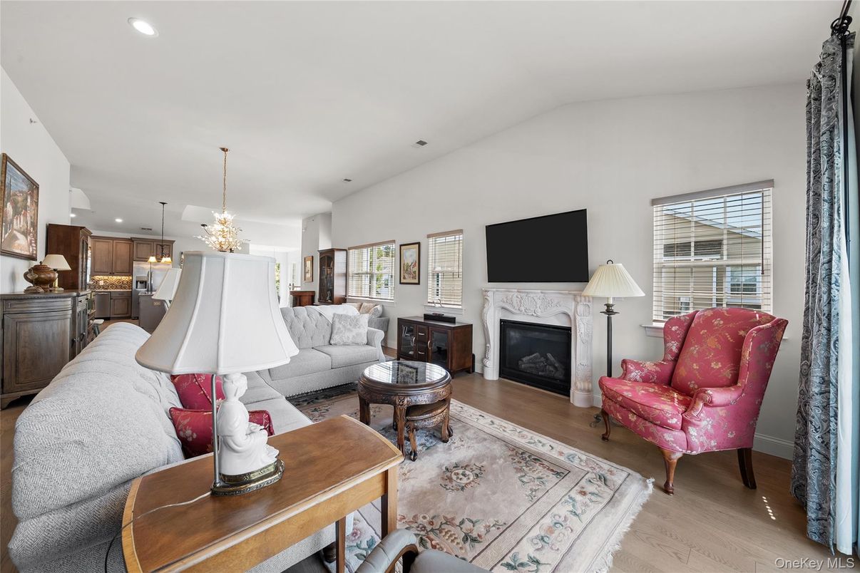 Fireplace, Interior, Kitchen, Living room, Pendant Lights, Recessed Lighting, Wood Texture Flooring