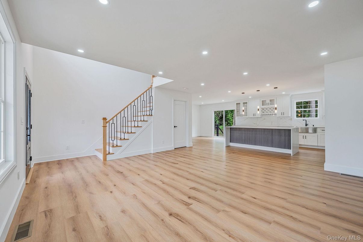 Empty room, Interior, Kitchen, Pendant Lights, Recessed Lighting, Wood Texture Flooring