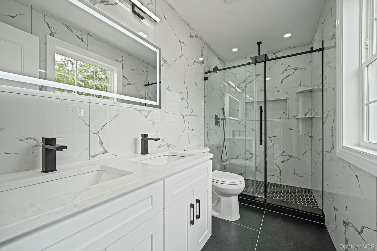 Bathroom, Glass Shower, Interior, Marble Walls, Recessed Lighting