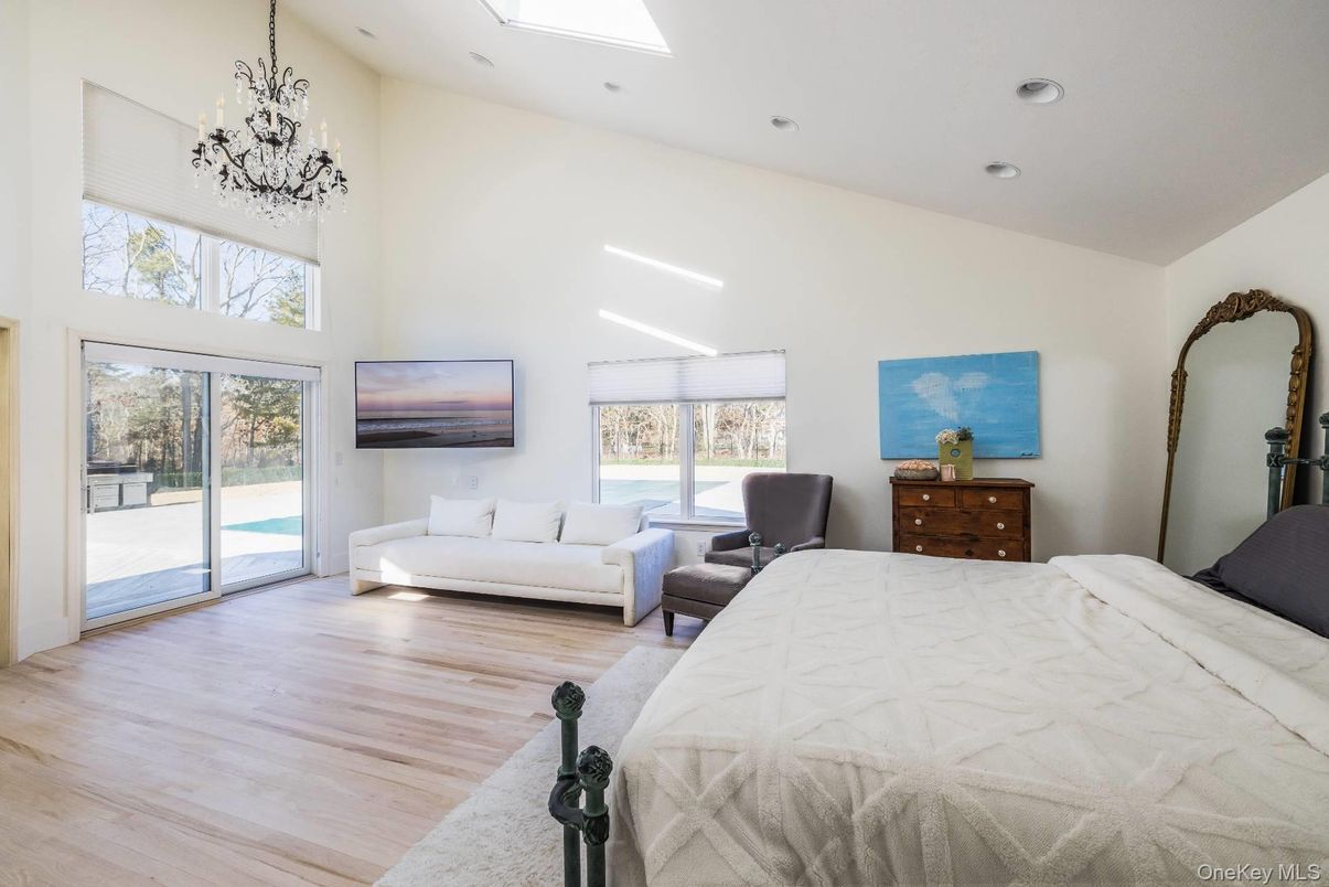 Bedroom, Chandelier, Interior, Recessed Lighting, Wood Texture Flooring