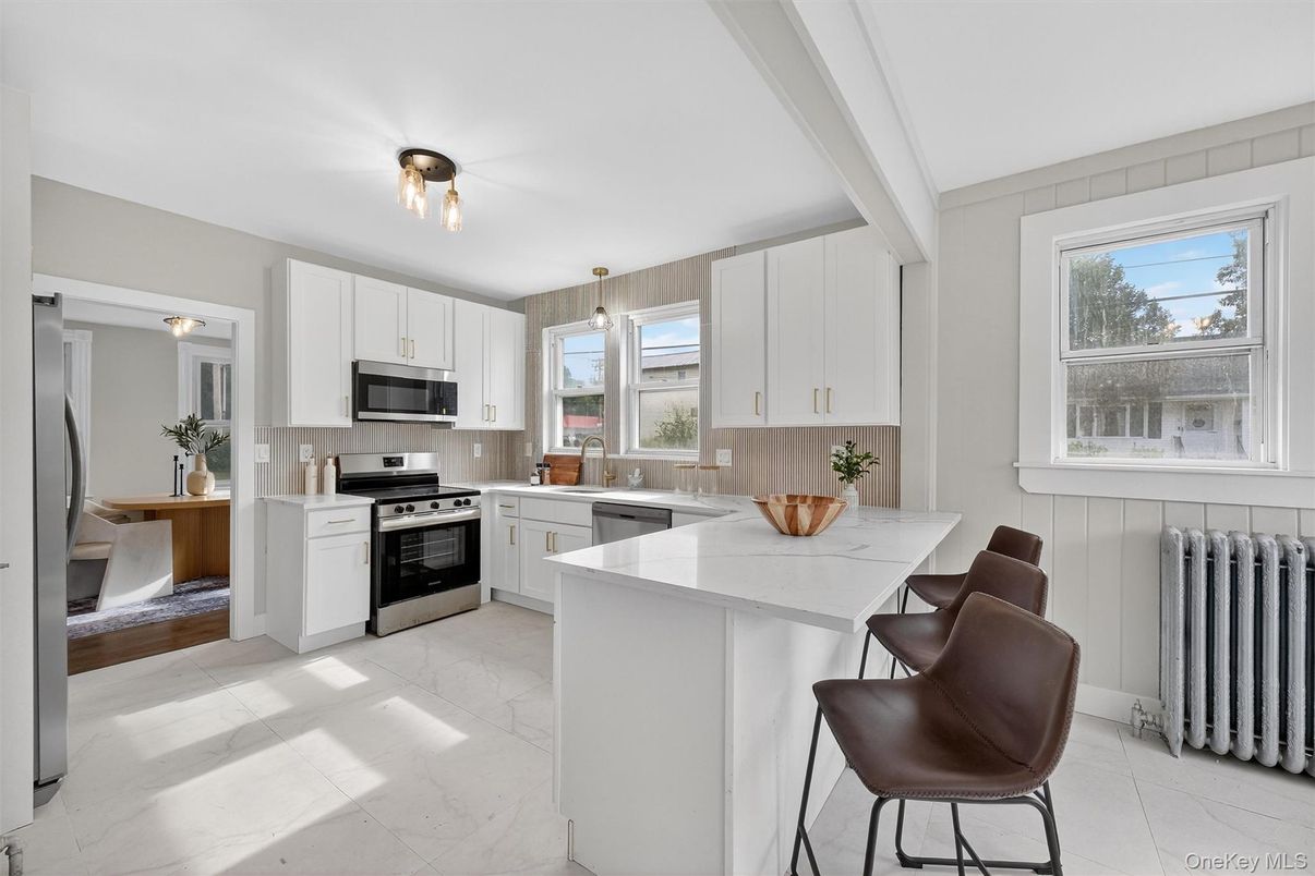 Interior, Kitchen, Marble, Pendant Lights, Stainless Steel Appliances