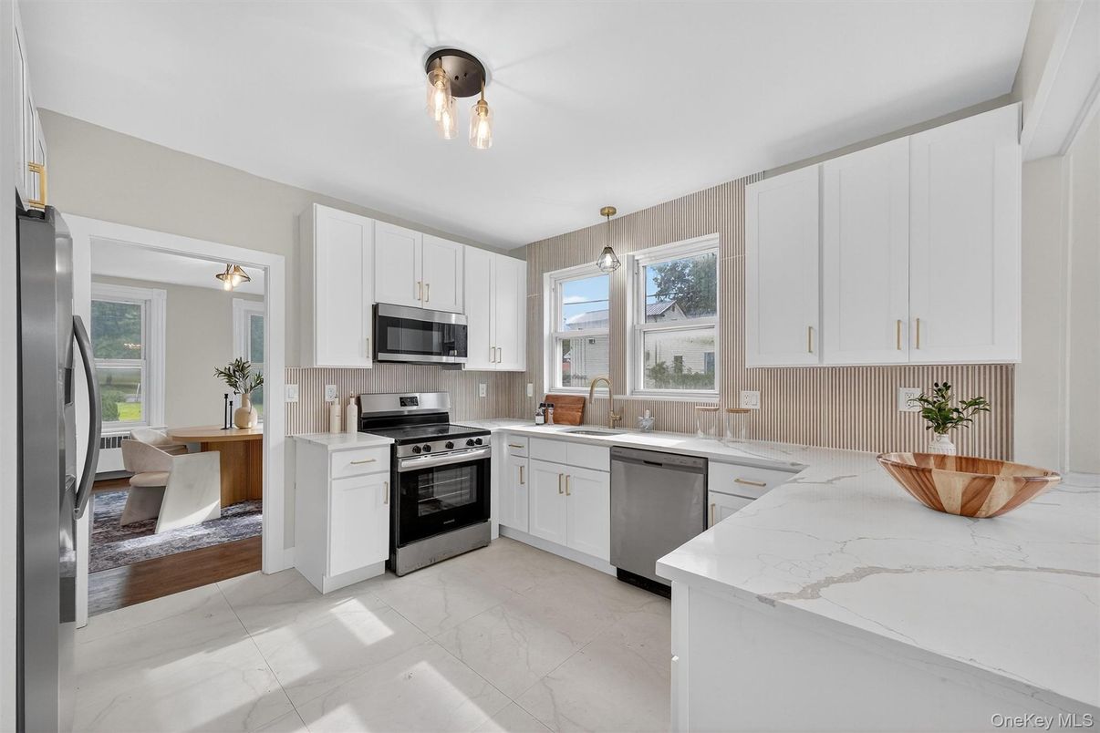 Interior, Kitchen, Marble, Pendant Lights, Stainless Steel Appliances