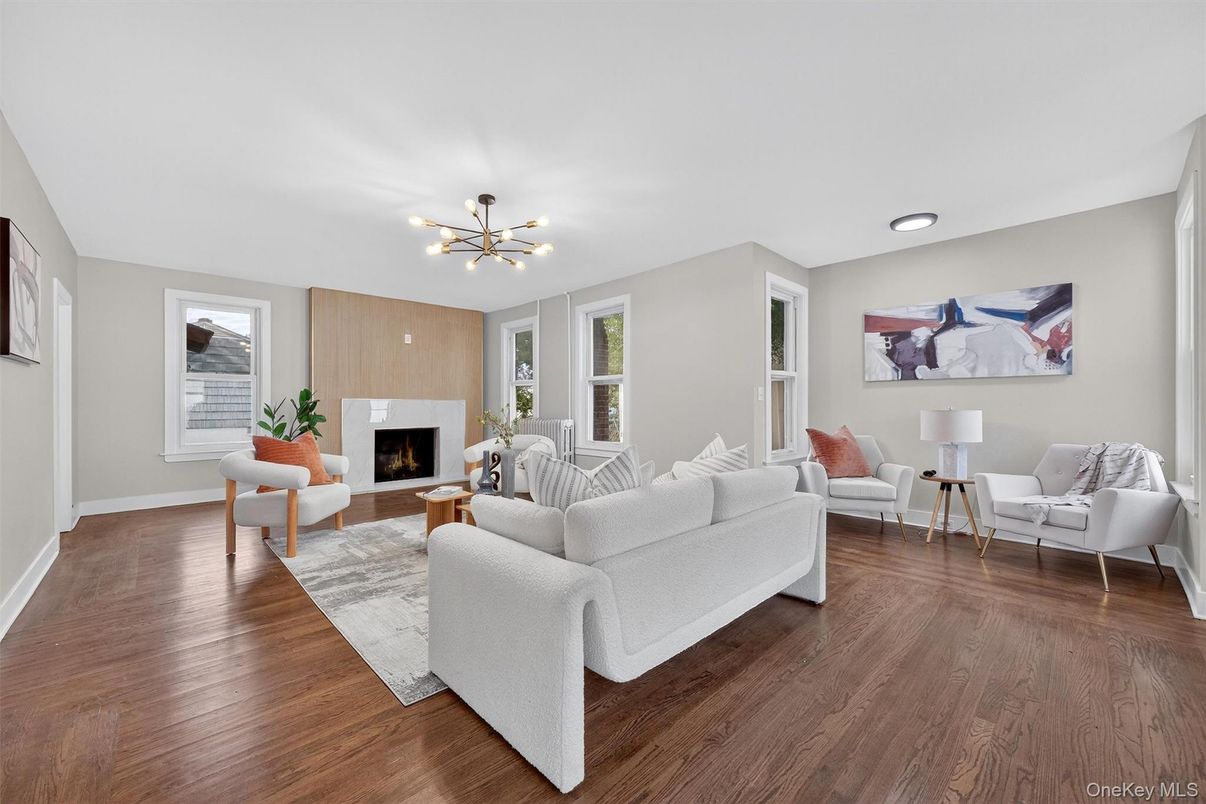 Fireplace, Interior, Living room, Pendant Lights, Wood Texture Flooring
