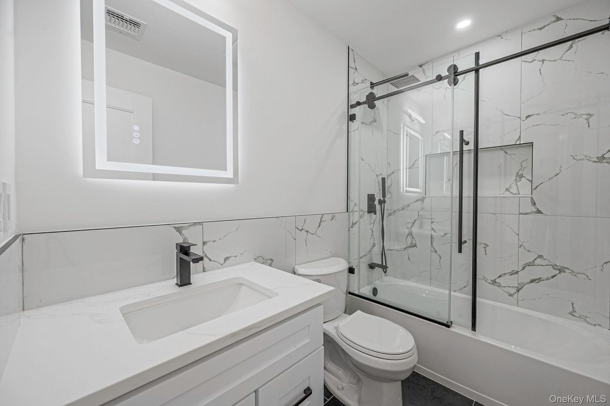 Bathroom, Glass Shower, Interior, Marble Walls, Recessed Lighting