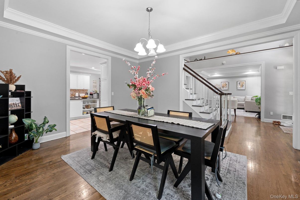 Dining room, Interior, Pendant Lights, Recessed Lighting, Wood Texture Flooring