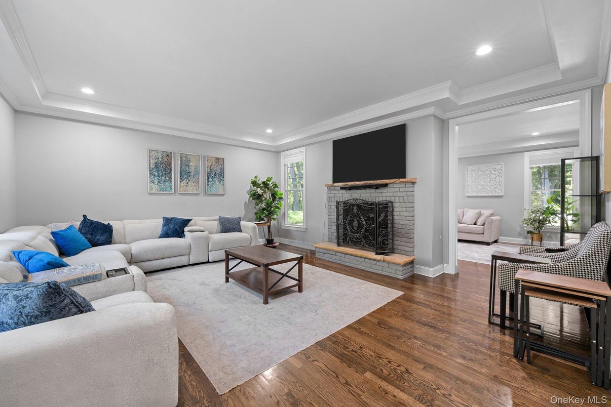 Fireplace, Interior, Living room, Recessed Lighting, Wood Texture Flooring