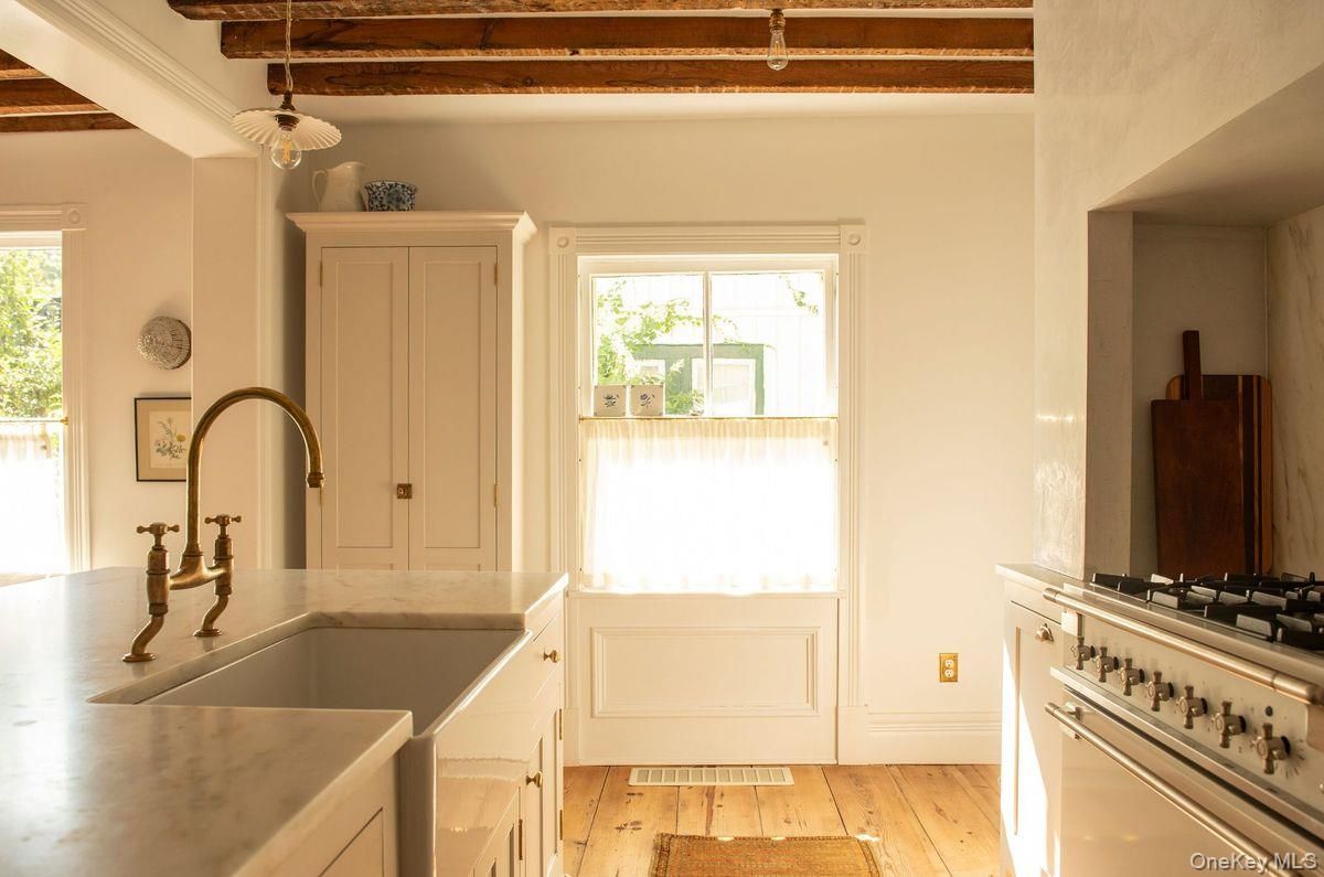 Interior, Kitchen, Pendant Lights, Stainless Steel Appliances, Wooden Beams, Wood Texture Flooring