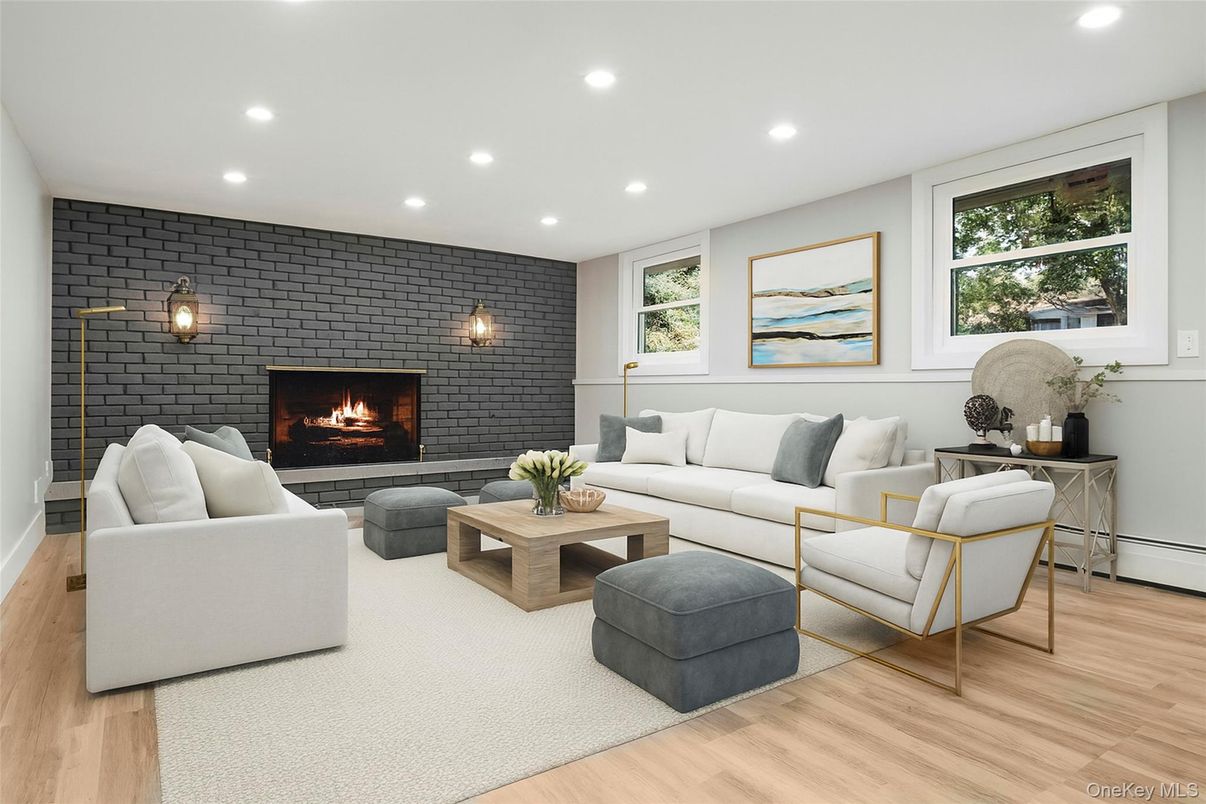 Fireplace, Interior, Living room, Recessed Lighting, Stone Walls, Wood Texture Flooring