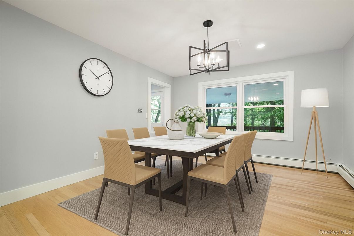 Dining room, Interior, Pendant Lights, Recessed Lighting, Wood Texture Flooring