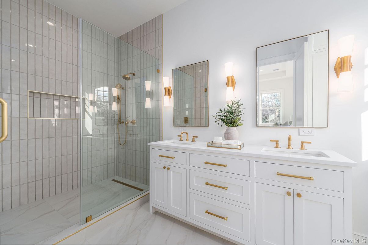 Bathroom, Dual Sink Vanities, Glass Shower, Interior, Marble