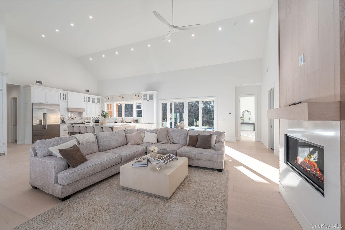 Fireplace, Interior, Kitchen, Living room, Recessed Lighting, Wood Texture Flooring