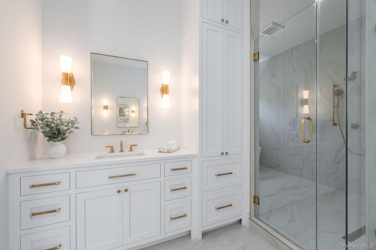 Bathroom, Dual Sink Vanities, Glass Shower, Interior, Marble, Marble Walls