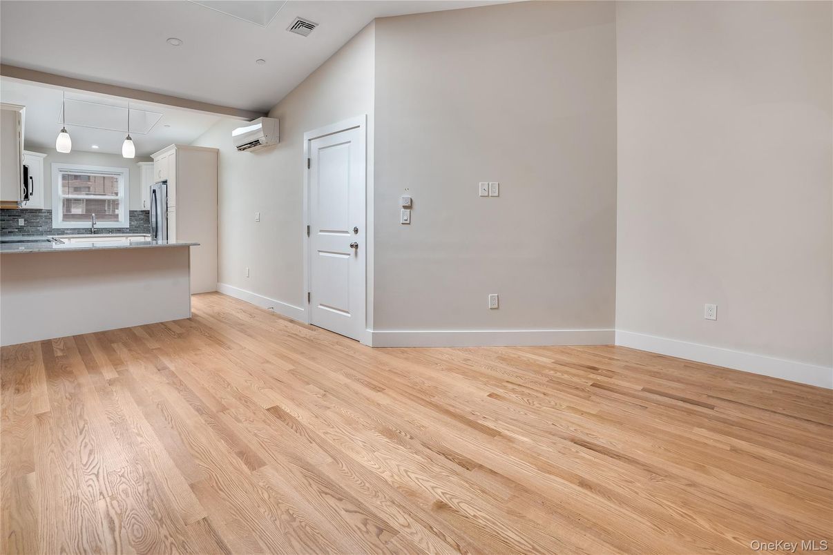 Empty room, Interior, Kitchen, Pendant Lights, Recessed Lighting, Wood Texture Flooring