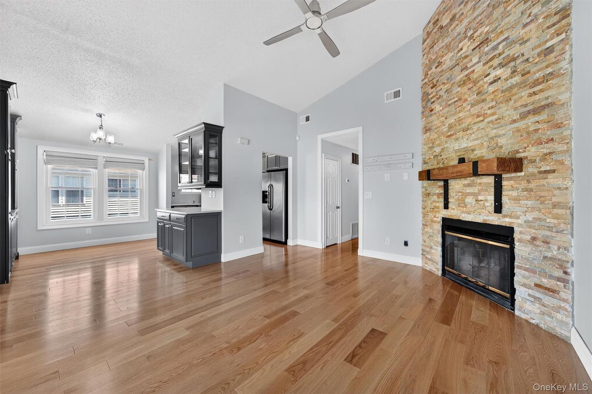 Empty room, Fireplace, Interior, Kitchen, Stone Walls, Wood Texture Flooring