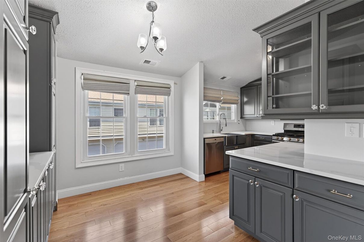 Chandelier, Interior, Kitchen, Pendant Lights, Stainless Steel Appliances, Wood Texture Flooring