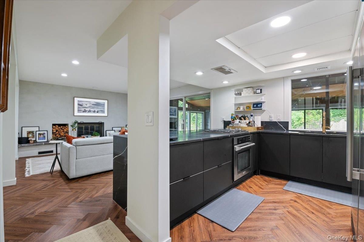 Interior, Kitchen, Living room, Recessed Lighting, Wood Texture Flooring