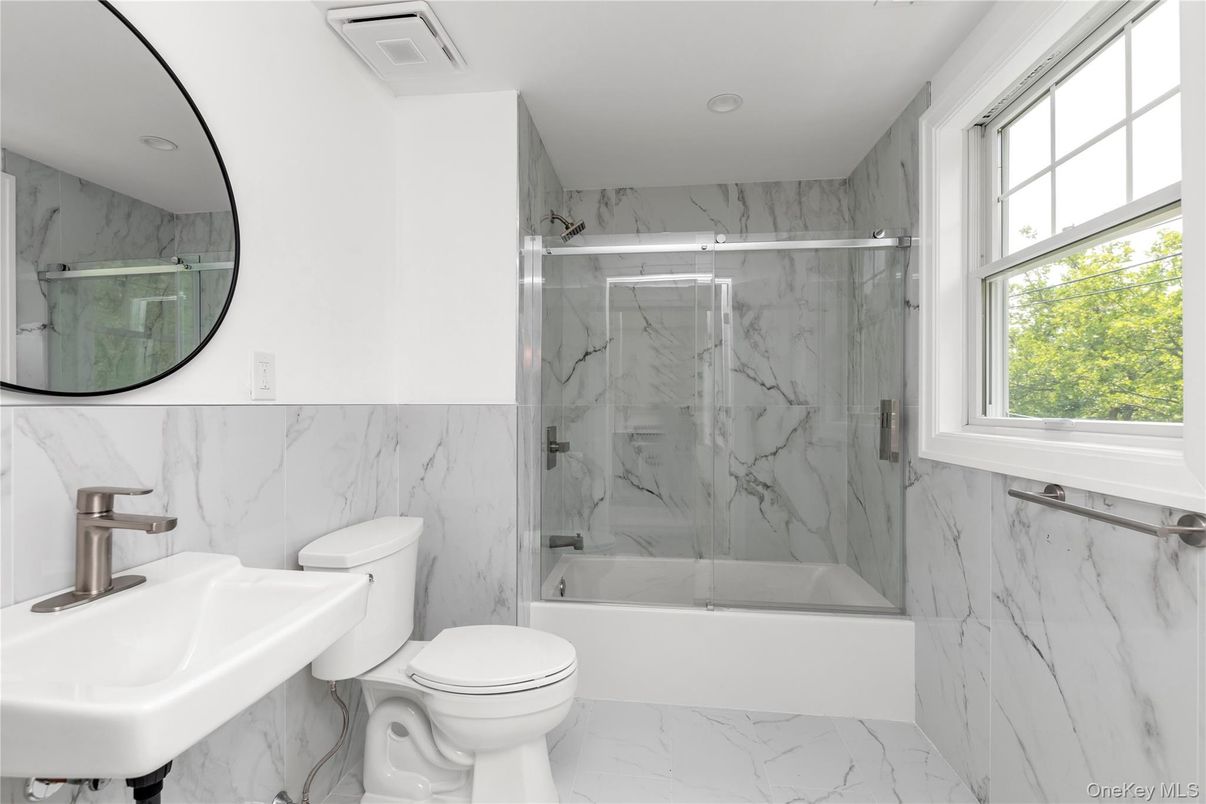 Bathroom, Glass Shower, Interior, Marble, Marble Walls, Recessed Lighting