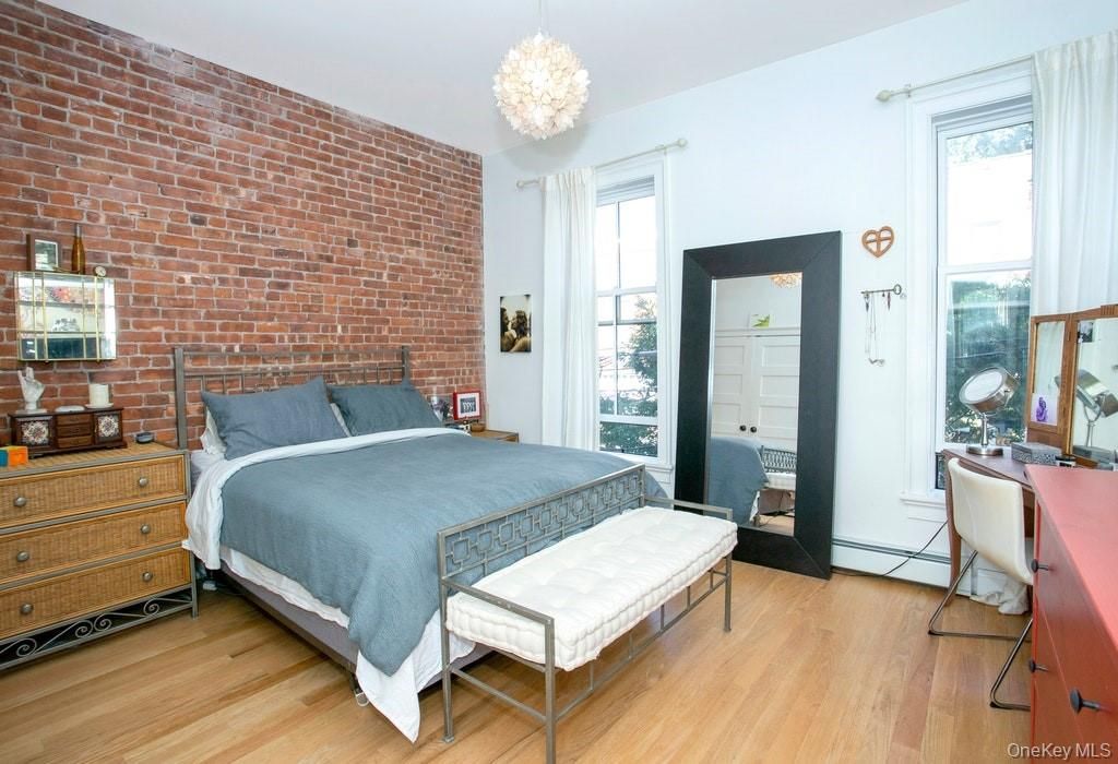 Bedroom, Chandelier, Interior, Pendant Lights, Stone Walls, Wood Texture Flooring