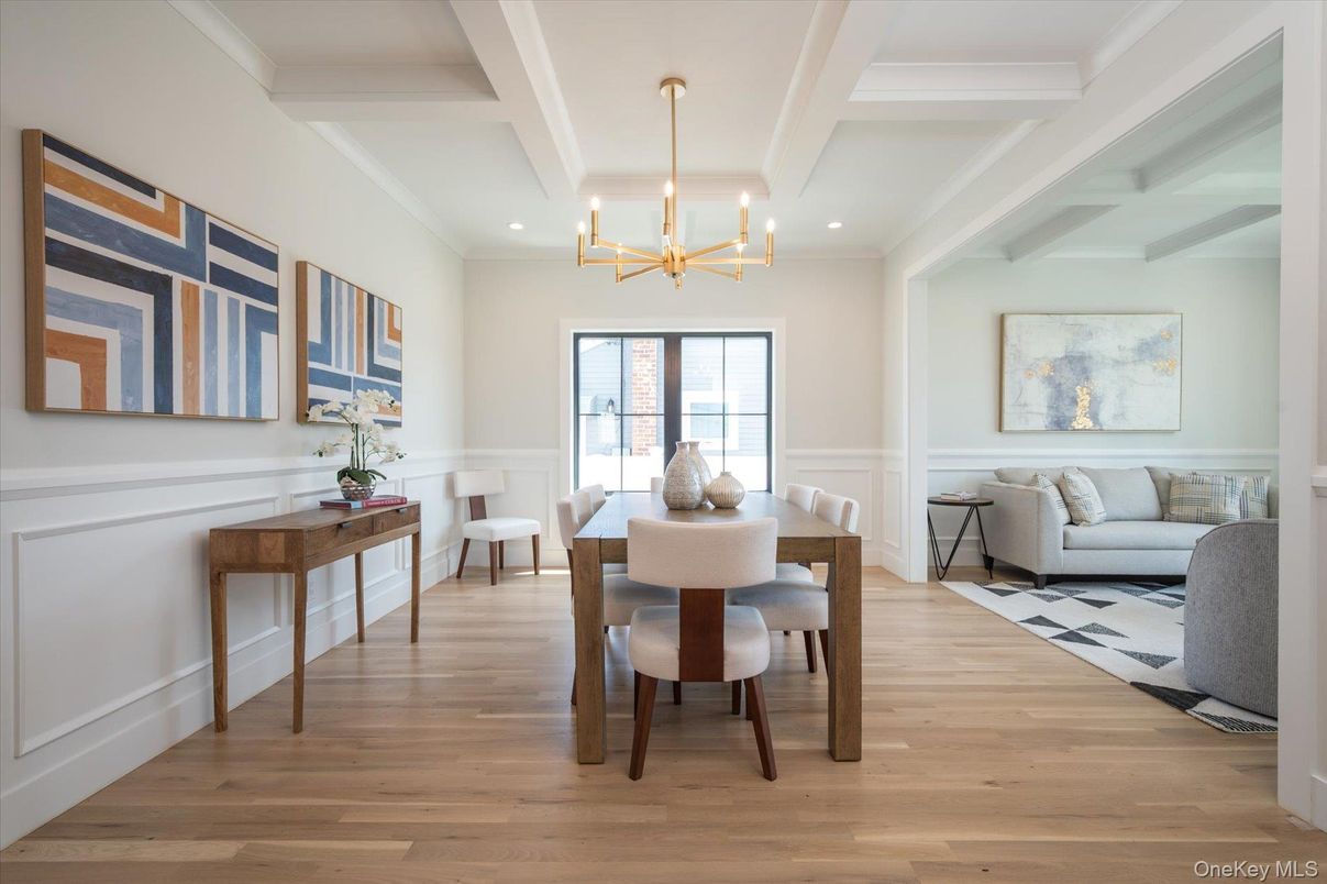 Dining room, Interior, Living room, Pendant Lights, Recessed Lighting, Wood Texture Flooring