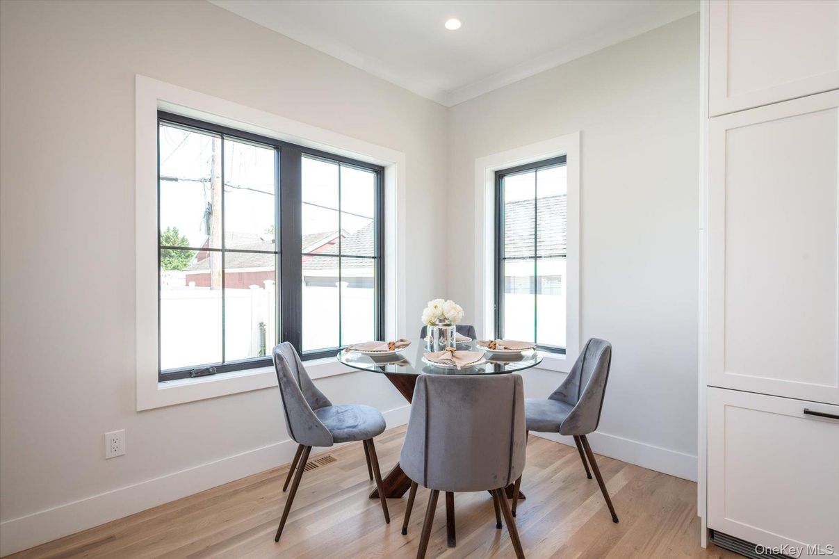 Dining room, Interior, Recessed Lighting, Wood Texture Flooring