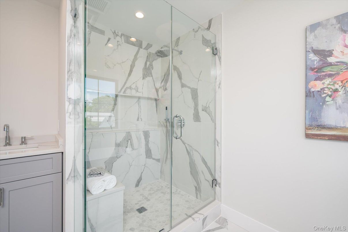 Bathroom, Glass Shower, Interior, Marble Walls, Recessed Lighting