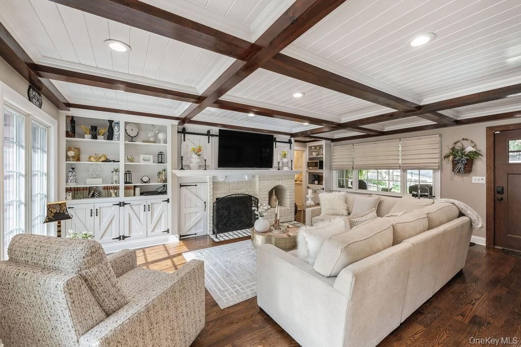 Fireplace, Interior, Living room, Recessed Lighting, Wooden Beams, Wood Texture Flooring