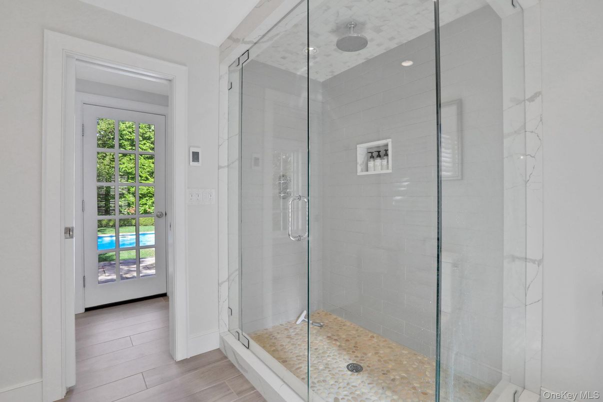 Bathroom, Glass Shower, Interior, Wood Texture Flooring