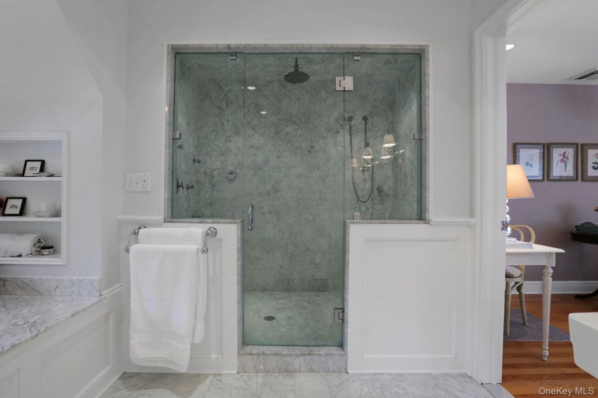 Bathroom, Glass Shower, Interior, Marble, Marble Walls, Recessed Lighting
