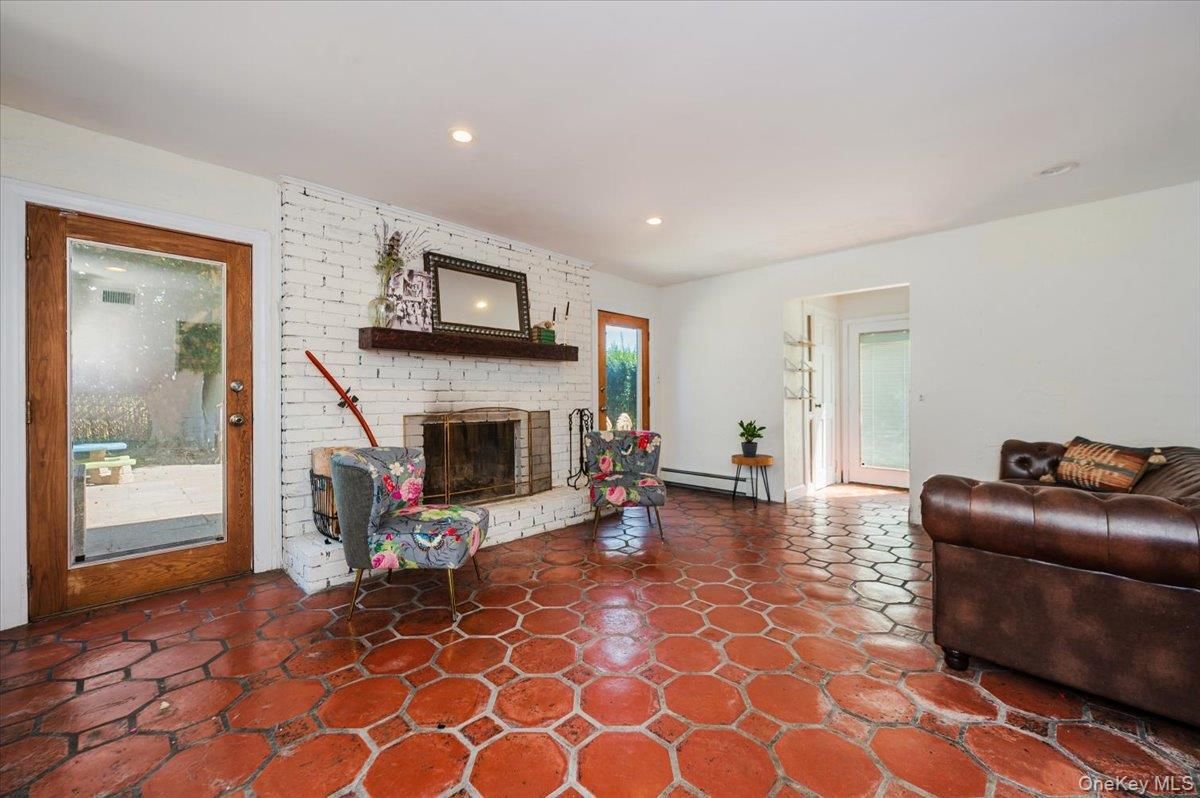 Fireplace, Interior, Recessed Lighting, Stone Walls