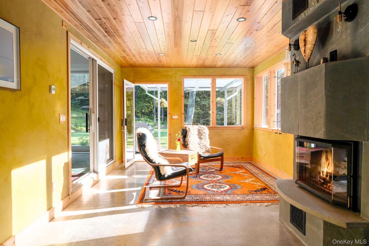 Fireplace, Interior, Recessed Lighting, Wooden Ceilings