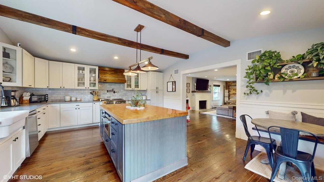 Fireplace, Interior, Kitchen, Pendant Lights, Recessed Lighting, Wooden Beams, Wood Texture Flooring