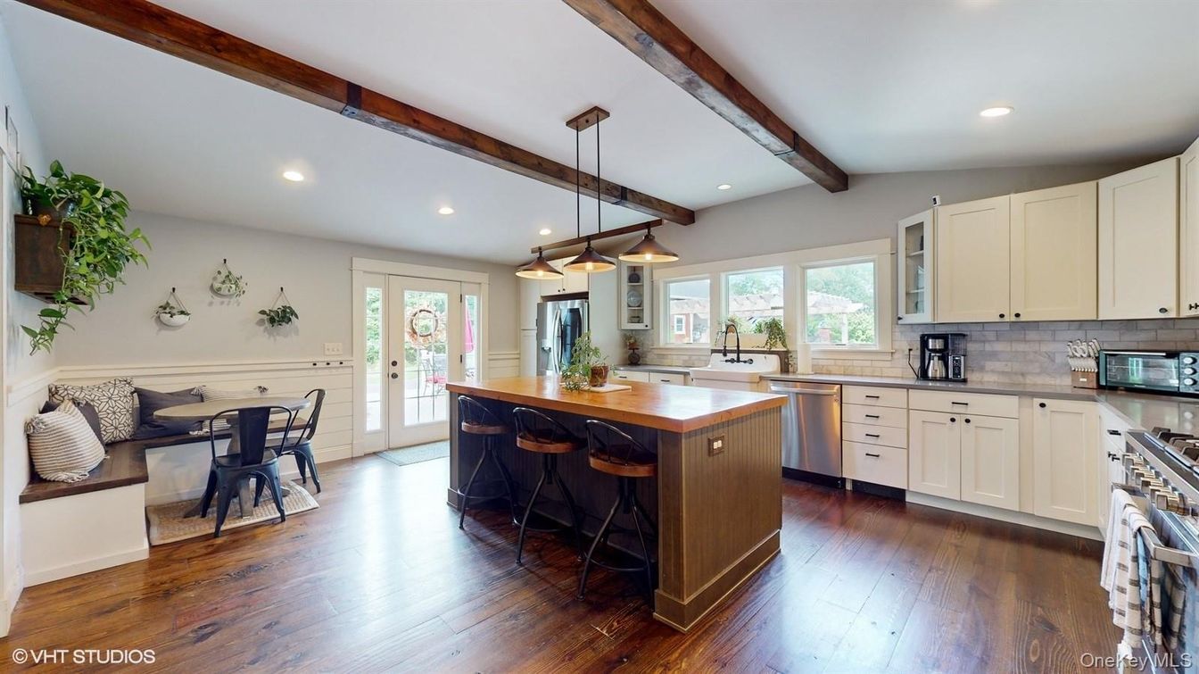 Interior, Kitchen, Pendant Lights, Recessed Lighting, Stainless Steel Appliances, Wooden Beams, Wood Texture Flooring