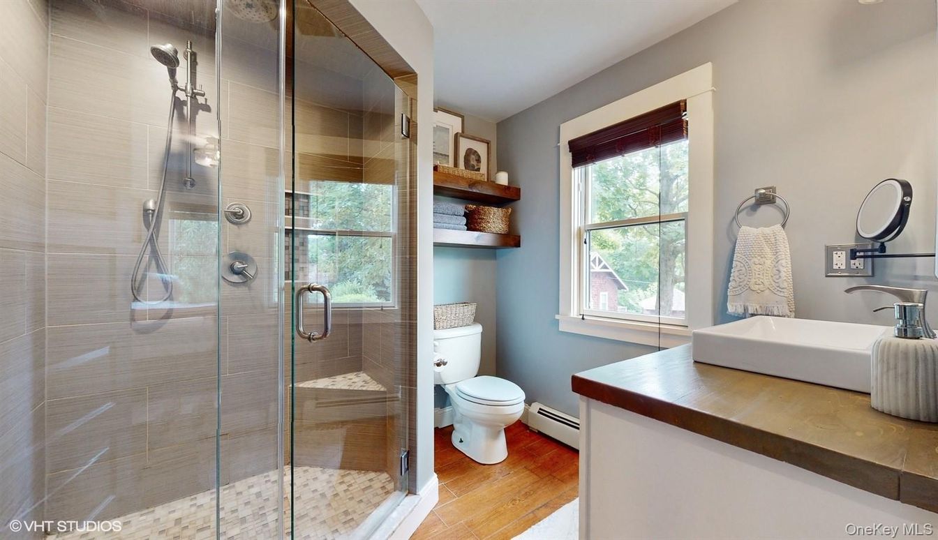 Bathroom, Glass Shower, Interior, Wood Texture Flooring