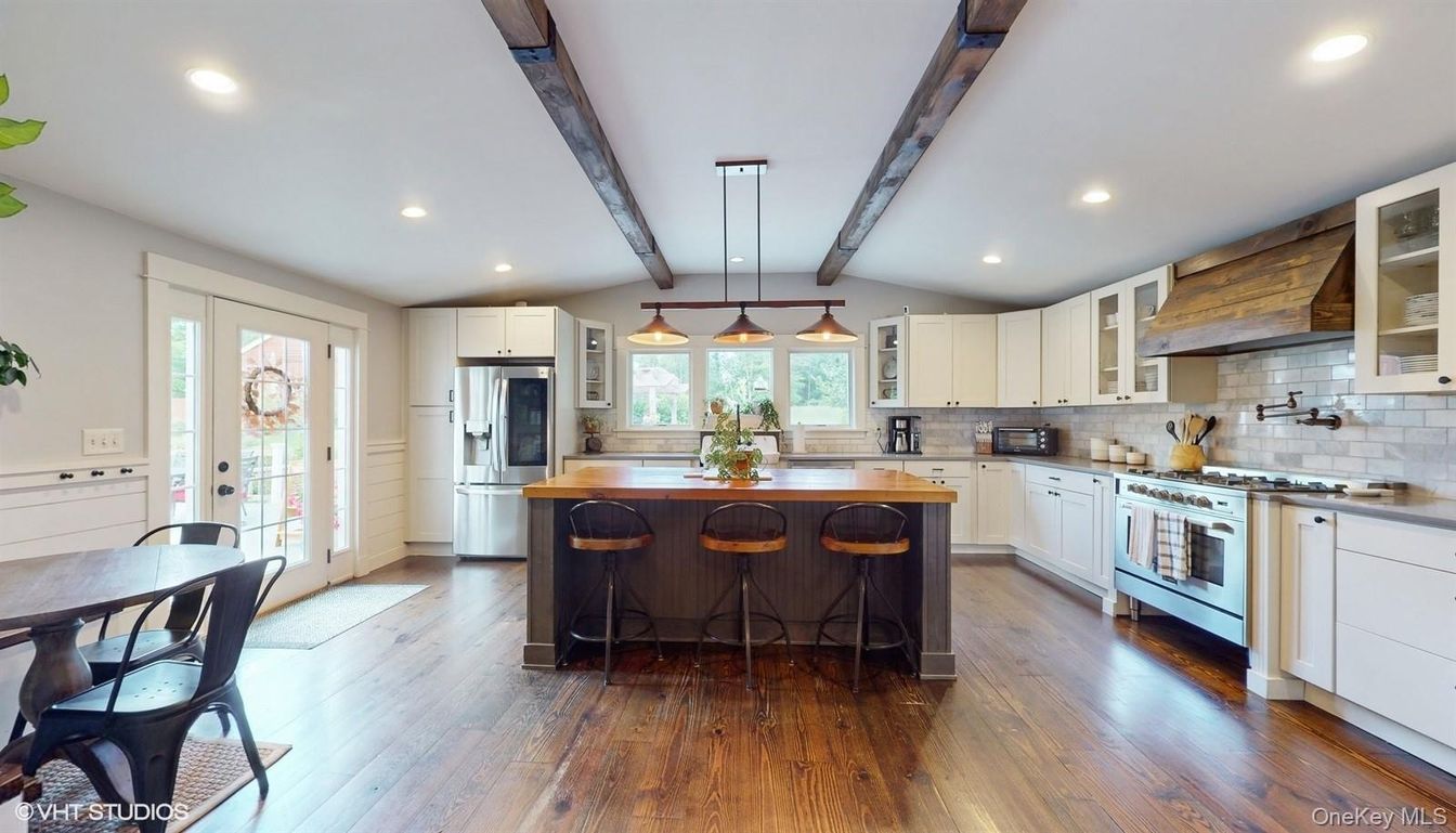 Interior, Kitchen, Pendant Lights, Recessed Lighting, Stainless Steel Appliances, Wooden Beams, Wood Texture Flooring