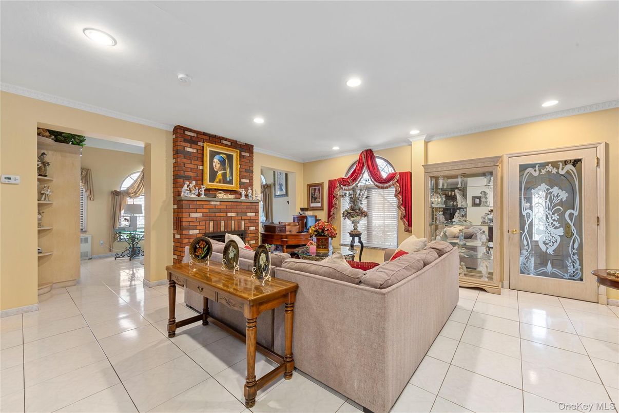 Fireplace, Interior, Living room, Recessed Lighting, Stone Walls