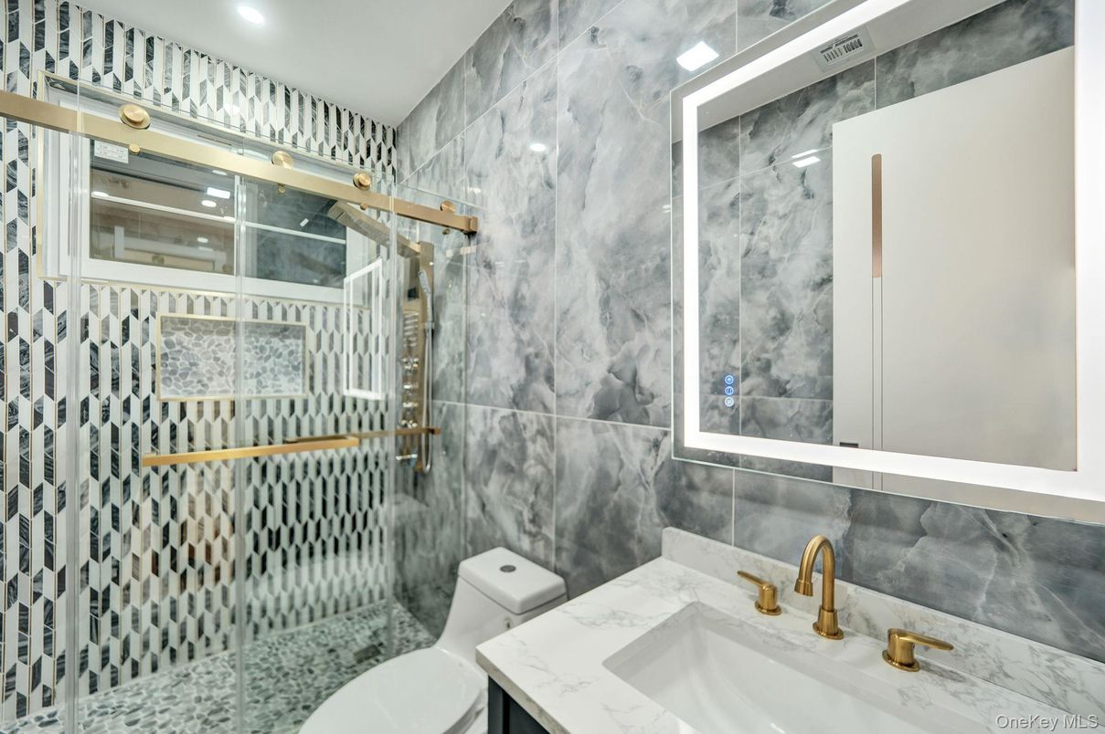 Bathroom, Glass Shower, Interior, Marble Walls, Recessed Lighting
