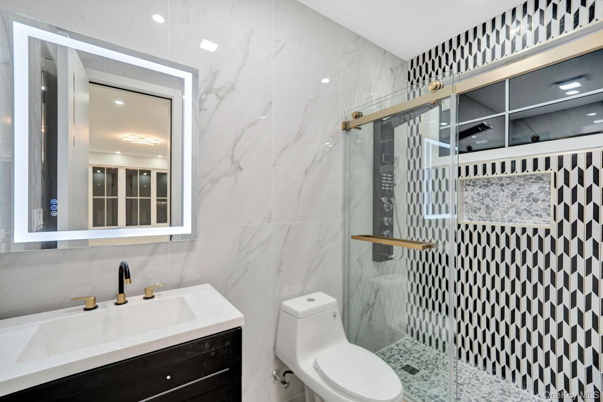 Bathroom, Glass Shower, Interior, Marble Walls, Recessed Lighting