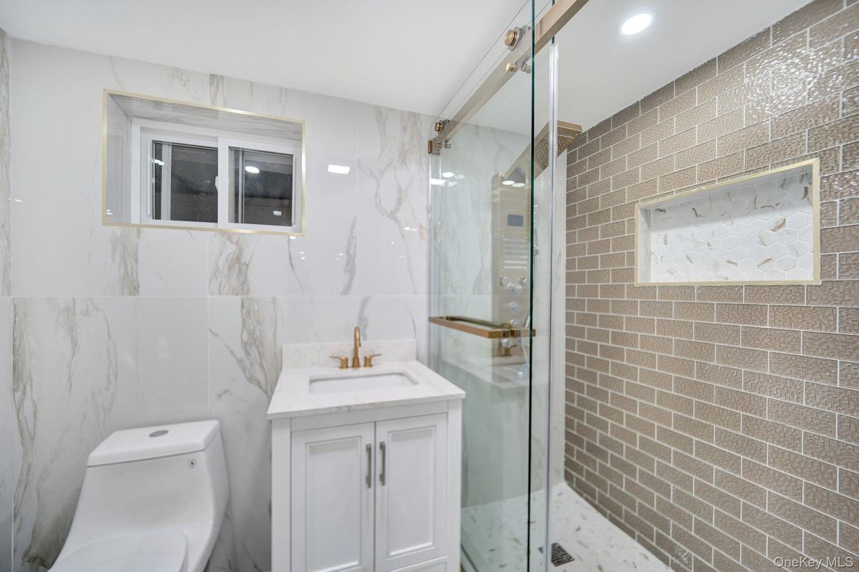 Bathroom, Glass Shower, Interior, Marble Walls, Recessed Lighting