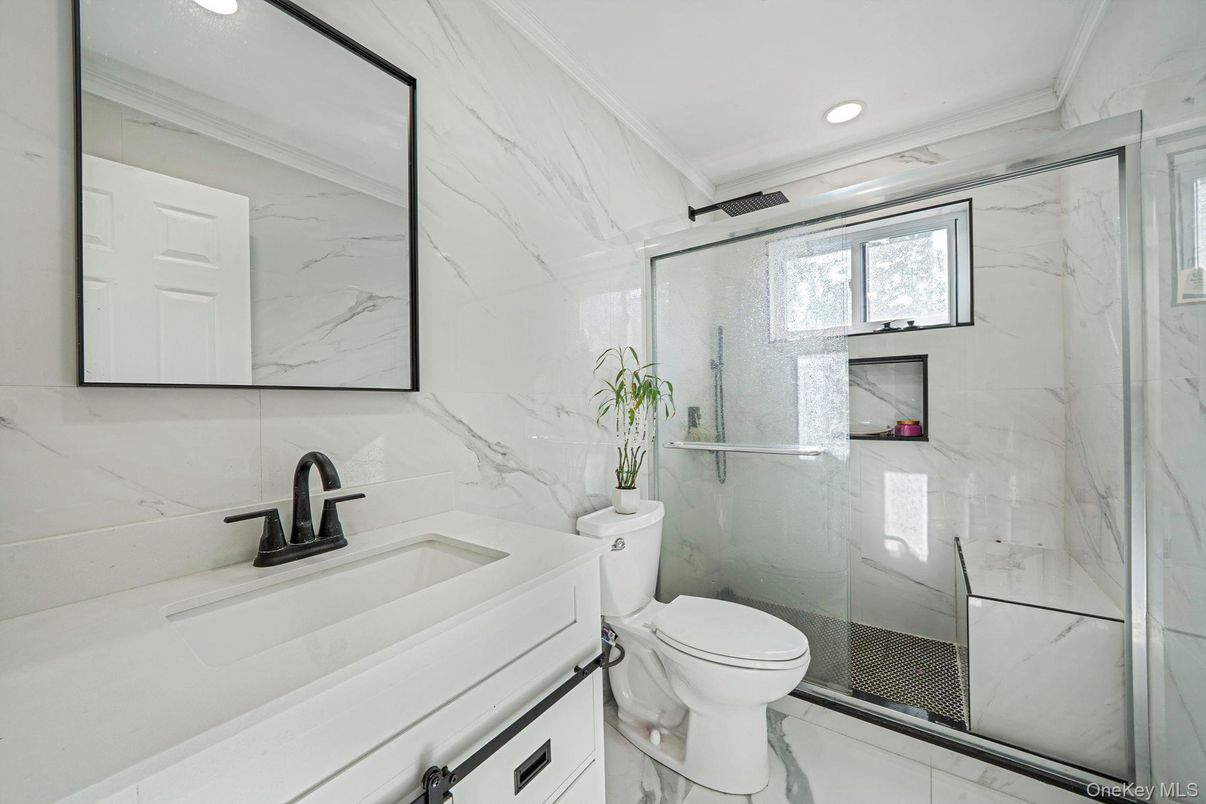 Bathroom, Glass Shower, Interior, Marble Walls, Recessed Lighting