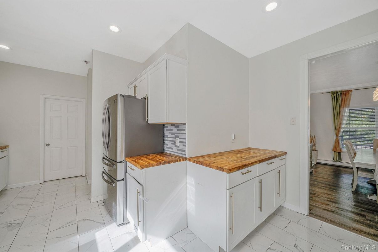 Interior, Kitchen, Marble, Recessed Lighting, Wood Texture Flooring