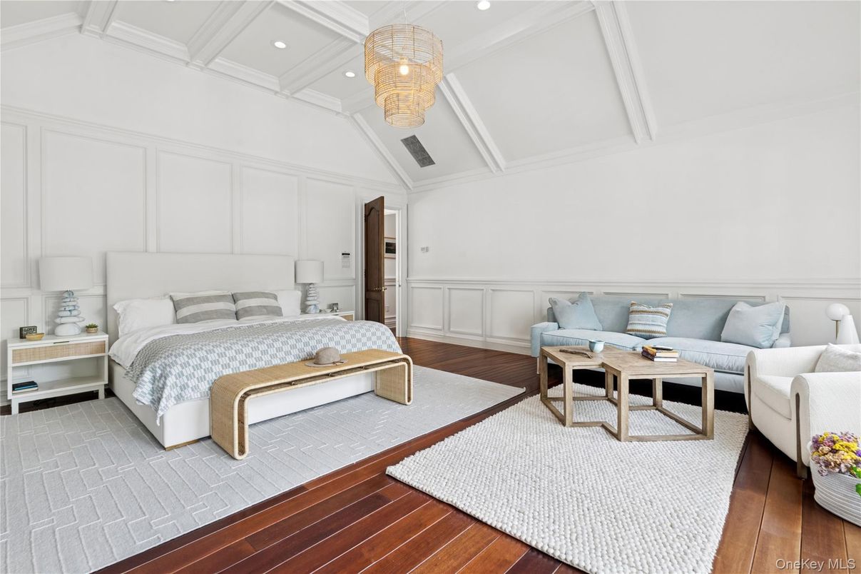 Bedroom, Chandelier, Interior, Recessed Lighting, Wood Texture Flooring