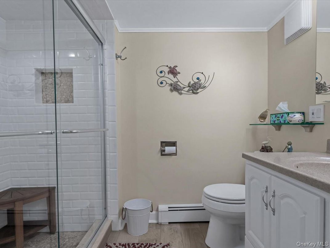Bathroom, Glass Shower, Interior, Wood Texture Flooring