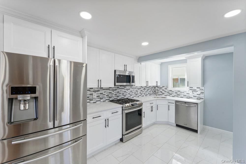 Interior, Kitchen, Marble, Recessed Lighting, Stainless Steel Appliances