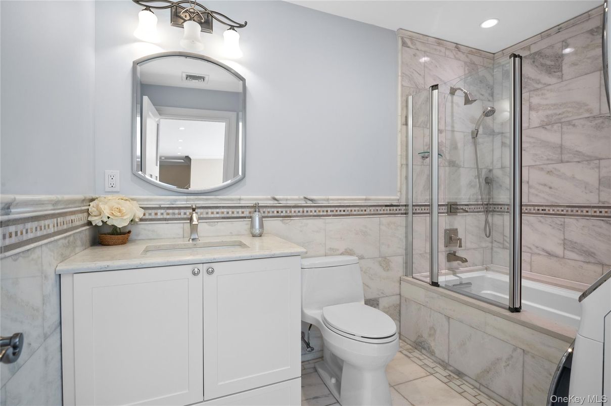 Bathroom, Glass Shower, Interior, Marble, Marble Walls, Recessed Lighting