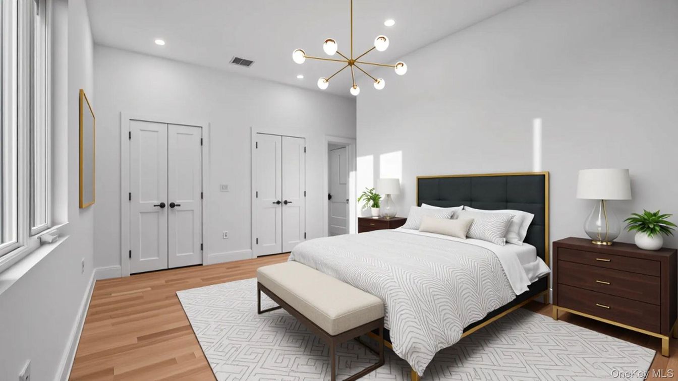 Bedroom, Interior, Pendant Lights, Recessed Lighting, Wood Texture Flooring
